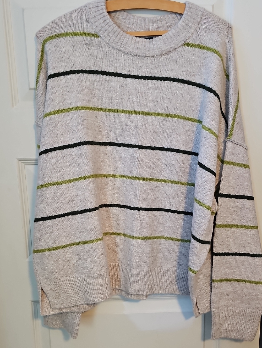 Light Gray Striped Crewneck Sweater - Green & Dark Green Stripe